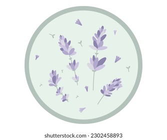 Round vector sticker or label with sprigs and lavender flowers in flat style.