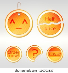 Round vector sticker set as orange glossy emblems in five variations, eps10 vector copyspace design elements