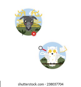 Round vector stickers with deer and owl.