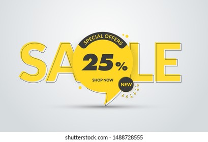 Round vector tag on the leg with text on the background for sale. Yellow banner template with black design elements and button.
