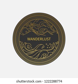 Round vector template with sea waves and mountains.