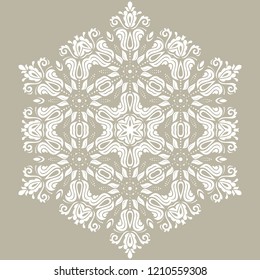Round vector white snowflake. Abstract winter ornament. Fine snowflake
