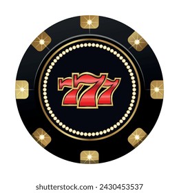 Round vector winning black and gold casino chip with glitter, expensively decorated with diamonds. Flat vector illustration.