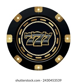 Round vector winning black and gold casino chip with glitter, expensively decorated with diamonds. Flat vector illustration.