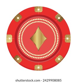 Round vector winning red and gold casino chip with glitter, expensively decorated with diamonds. Flat vector illustration.