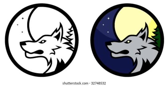 Round vector wolf emblem, colored and black and white versions