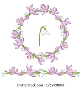 Round vector wreath of crocuses, seamless design element. Floral circle for your season design