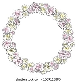 Round vector wreath of delicate light roses pastel shades hand-drawn on a white background. Isolated