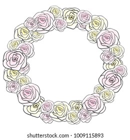 Corona de Vector redonda de delicadas rosas claras tonos pastel dibujados a mano sobre un fondo blanco. Aislado