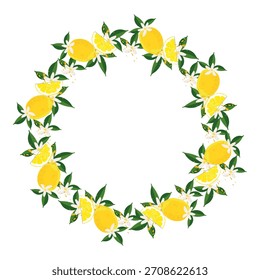 Corona de Vector redonda de limones frescos, rodajas, hojas verdes y flores blancas. Brillante marco de cítricos de verano para diseño, embalaje e invitaciones.