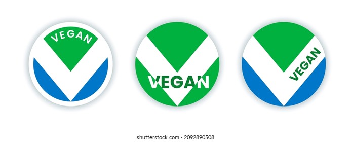 Round vegan community badges or label with flag inside. Vegan symbol with v letter inside. Vector illustration