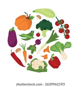 Round vegetable composition with pumpkin, tomato, broccoli, beetroot, mushrooms, peas. Natural veggies of summer and autumn seasons banner. Healthy eating vector illustration. 