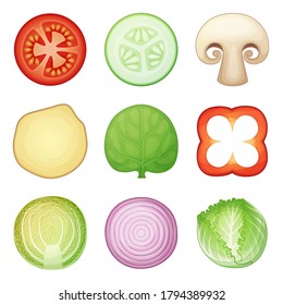 Round vegetable halves vector icons isolated on white background. Fresh spinach, ginger, onion ring, ginger, tomato, cucumber, brussel sprout, sweet pepper, champignon mushroom  cartoon illustration