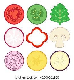 round vegetable halves vector icons isolated on white background, fresh radish, onion, tomato, cucumber, lettuce, pepper, mushroom, potato and eggplant cartoon illustration