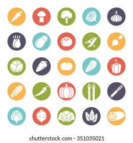 Round vegetable icons collection, negative in colored circles. Set of 25 symbols.