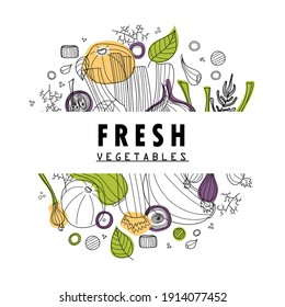 Redonda de verduras ilustraciones vectoriales al estilo escandinavo. Gráfico lineal. Fondo de verduras. Alimentos sanos aislados en el fondo blanco.