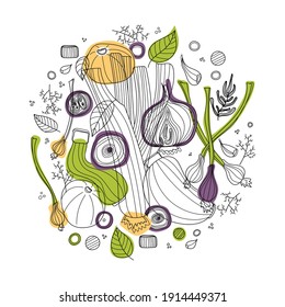 Round of vegetables vector illustration in scandinavian style. Linear graphic. Vegetables background. Healthy food isolated on white background.
