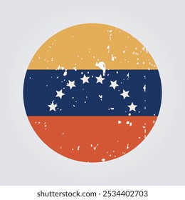 Um ícone redondo da bandeira da Venezuela com cores vintage, angustiadas e textura grunge. Um ideal estético retrô usado para projetos patrióticos, políticos ou culturais temáticos relacionados à Venezuela.