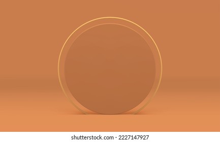 Round vertical wall golden frame 3d decor element geometric showcase display realistic vector illustration. Premium circle brown museum gallery foundation advertising border minimal rendering design