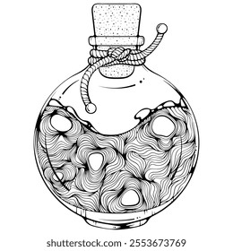 Round vial with magic liquid or potion. Bottle for a poison or alchemy with a cork. Vector illustrations in hand drawn sketch style isolated on white. Black outline graphics for coloring book, tattoo