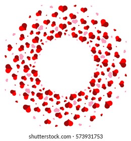 Round vignette, round frame of red hearts on white background. Valentine's day.