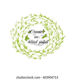 Round vignette ornament with branches, leaves and berries Hand drawn letters. Modern calligraphy. Isolated on white background.Vector 