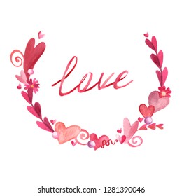 round vignette wreath frame consisting of hearts and balls for decoration of invitations watercolor traced into a vector not closed circle in pink shades without a background each element is separate