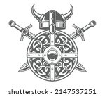 Round viking shield with celtic pattern and horned helmet, barbarian coat of arms with two crossed swords, scandinavian viking emblem, vector