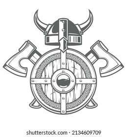 Round viking shield and horned helmet, celtic coat of arms with two crossed axes, barbarian emblem, vector