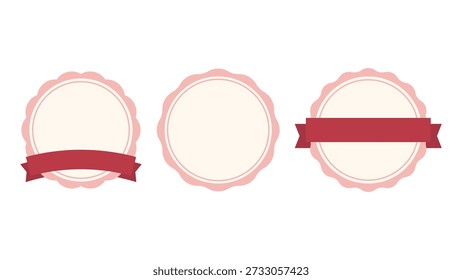 Marcos decorativos de insignia vintage redonda con acento de cinta roja. Conveniente para la marca, el empaquetado, las etiquetas, las invitaciones, las tarjetas de felicitación, y los proyectos elegantes del diseño femenino.