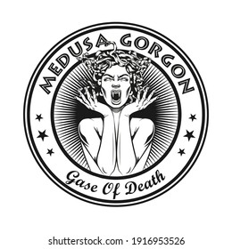 Round vintage badge with Medusa Gorgon vector illustration. Monochrome woman with snakes for hair screaming. Ancient Greece mythology concept can be used for retro template