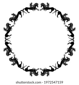 Round Vintage Border Or Frame With Riders On Horses. Black And White Silhouette. Ancient Greek Vase Painting Style.