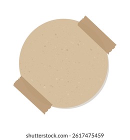 Round vintage brown paper note. Recycled memo paper with adhesive tape.