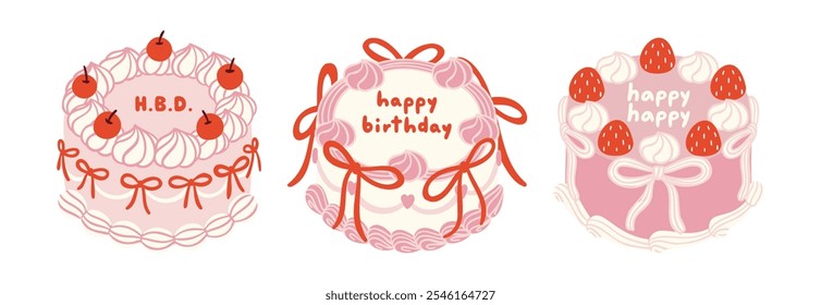 Round Vintage Cake Cream and Pink Toned Vector Illustration Set with Cherry, Strawberry, Whipped Cream, Coquette Ribbon, and Happy Birthday Message