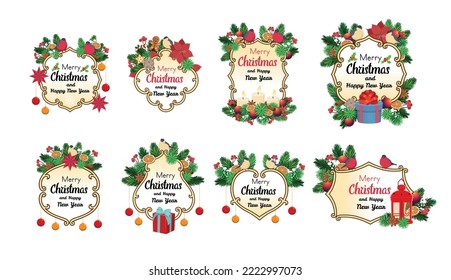 Round vintage Christmas frame consists of curls and monograms with Christmas tree branches, toys, gifts, bullfinches. Beautiful decorative frame and label for christmas and new year. greeting card. 