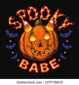 Round vintage emblem with burning text, blue silhouette of bat, pumpkin head like mischievous little boy face with freckles. Fire letters Spooky babe. Holiday illustration on a dark background