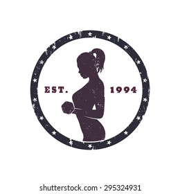 Round Vintage emblem with exercising girl, with grunge texture, vector illustration, eps10, easy to edit