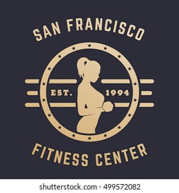 Round Vintage emblem, logo with exercising girl, gold on dark