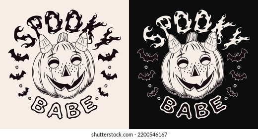 Round vintage emblem with text Spooky babe, silhouette of bat, pumpkin head like mischievous little boy face with freckles. Holiday monochrome illustration on a dark, white background
