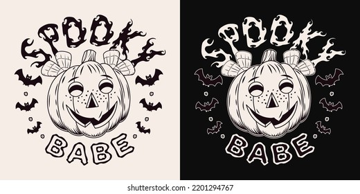 Round vintage emblem with text Spooky babe, silhouette of bat, pumpkin head like mischievous little girl face with freckles. Holiday monochrome illustration on a dark, white background