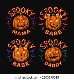 Round vintage emblems with burning text, silhouette of bats, pumpkins like human characters, parents and kids. Holiday bright colorful illustration on a dark background