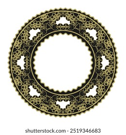 Quadro vintage redondo com ornamento preto e dourado intrincado e borda recortada no fundo branco. Ilustração vetorial