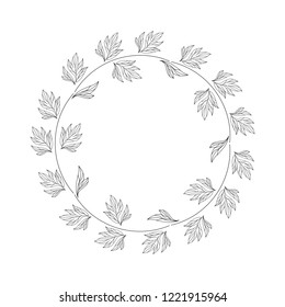 Round Vintage frame with leaf flowers. Print black on a white background. Card for wedding and festive greetings and invitations. Circular vintage floral hand drawn frames.