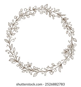 Round vintage frame with monograms, leaves, isolated on white background, for design and decor, template for prints, cards
