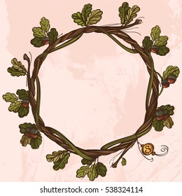 Round vintage frame of oak branches with leaves. Decorative element for design work in the boho style.