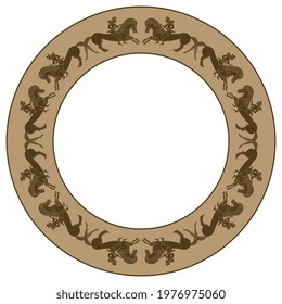 Round vintage frame with riders on horses. Ancient Greek vase painting pattern. Monochrome brown silhouettes.