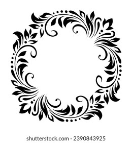 Round vintage frame, wreath, border of stylized leaves, flowers and curls. Retro, victorian style. Black lines on white background. Vector background, wallpaper, card