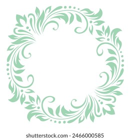 Round vintage frame, wreath, border of stylized leaves, flowers and curls. Retro, victorian style. Green lines on white background. Vector background, wallpaper, card