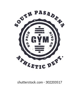 Round vintage gym logo, emblem, t-shirt design with grunge texture, vector illustration, eps10, easy to edit