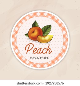 Round vintage jam label for a jar of peach confiture, jam or marmalade. Can be used for natural or organic fruit products and health care goods.